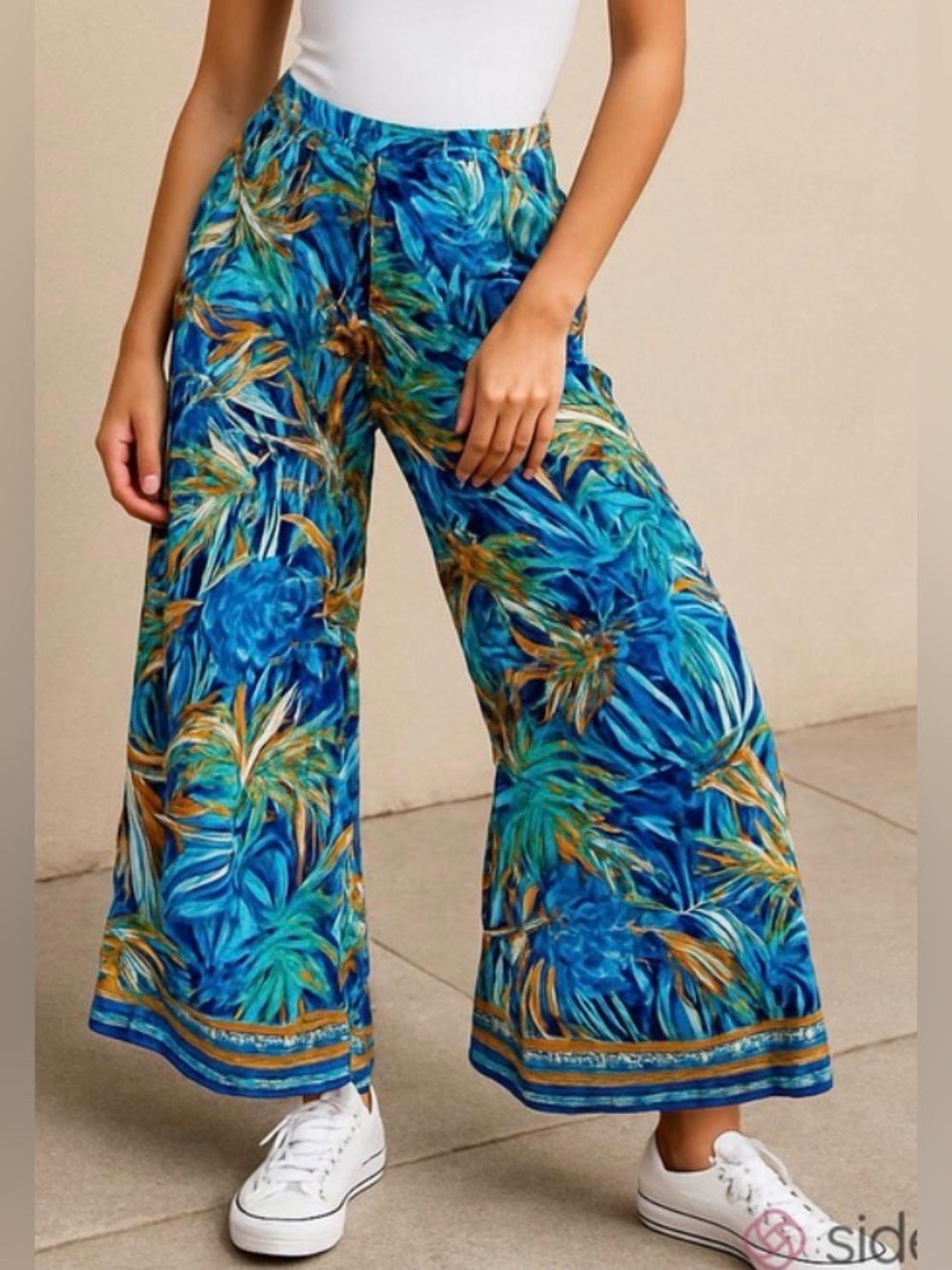 Fashion Nova Botanical, Colorful Wide Leg Pants, Blue, Yellow, Green, Size L